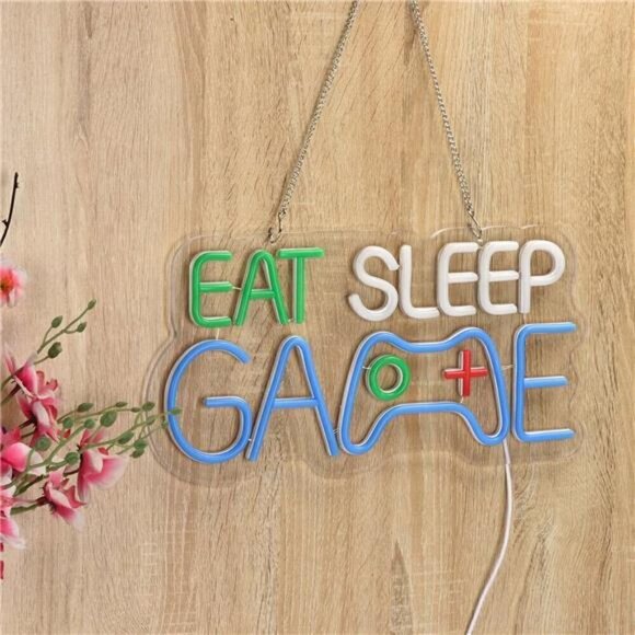Game Room Decor EAT SLEEP GAME LED Neon Sign Bar Man Cave Bedroom Art Gaming NEW - Picture 4 of 7